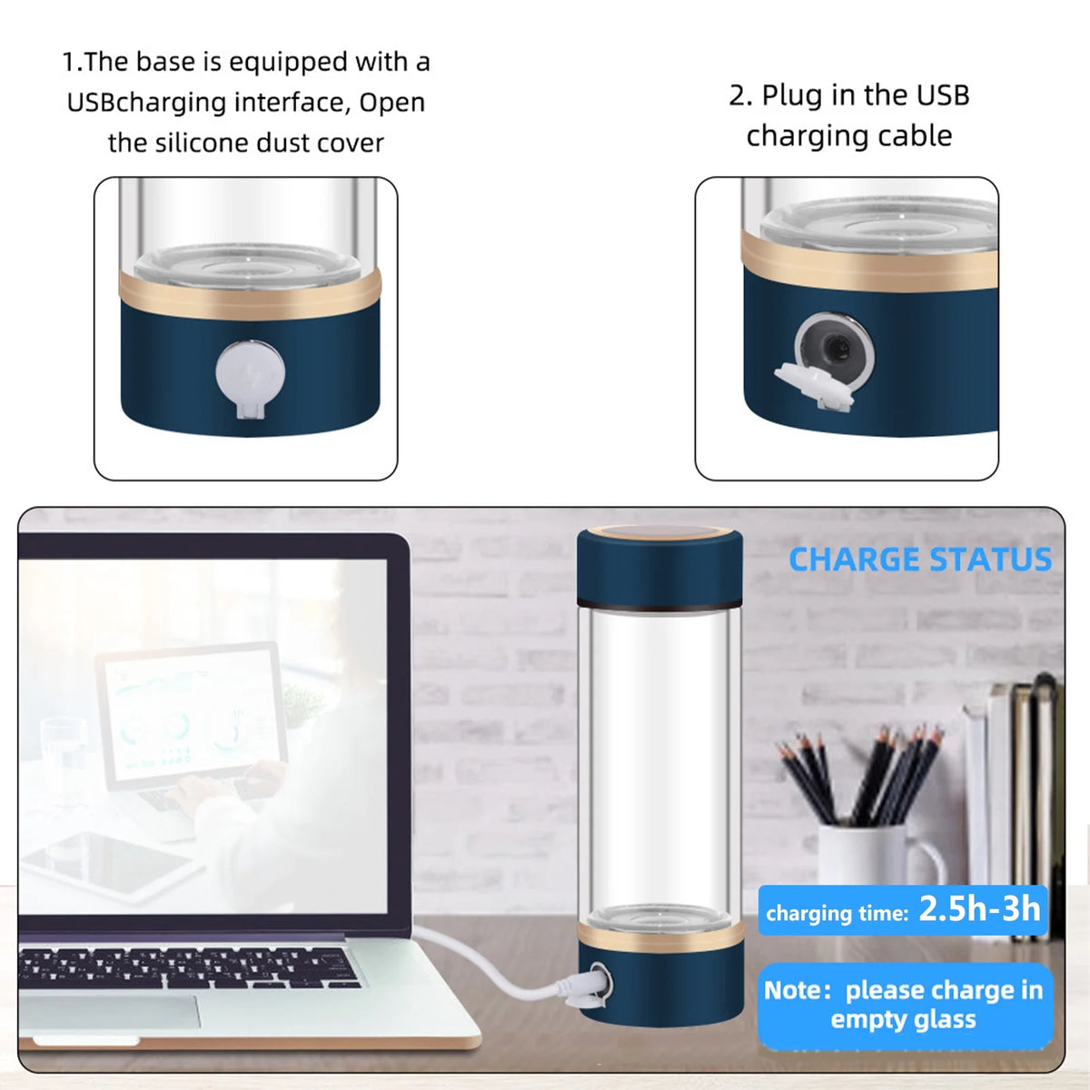 420ml Rechargeable Hydrogen Water Bottle Glass Cup O137361