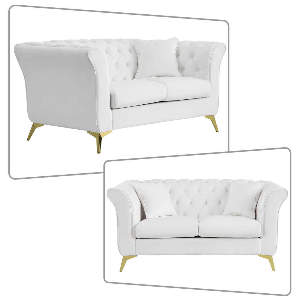 White Velvet Upholstered Loveseat Sofa with Button Tufted Design and Metal Legs B910