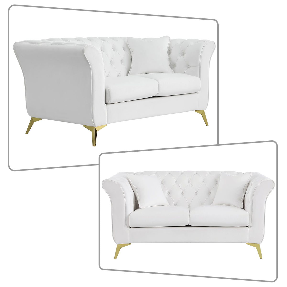 White Velvet Upholstered Loveseat Sofa with Button Tufted Design and Metal Legs B910