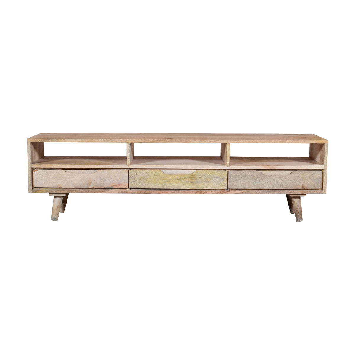 3 Drawer Mango Wood TV Media Cabinet with 3 Open Compartments in Oak Brown R905415