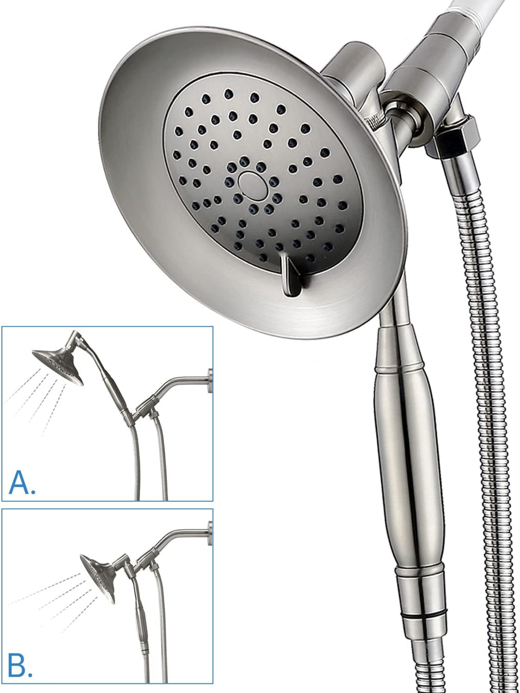 Double Height Positioning Shower Head, Handheld Spray, Metal Bracket Holder, Stainless Steel Flexible Hose (Brushed Nickel) Pack of 2 W85804