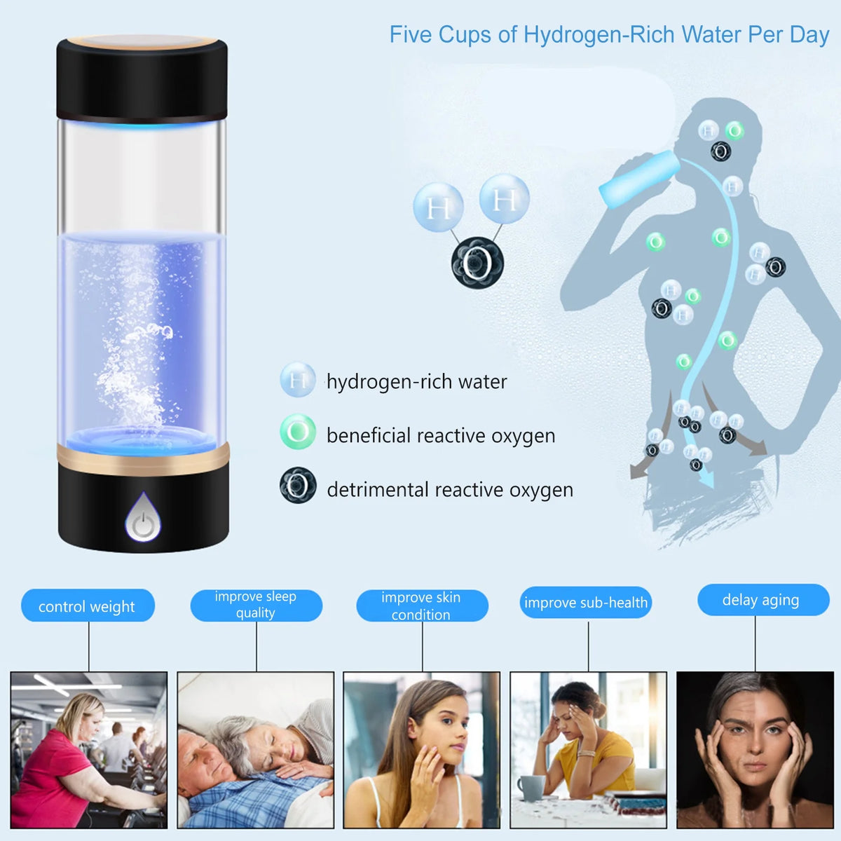 420ml Rechargeable Hydrogen Water Bottle Glass Cup O137361