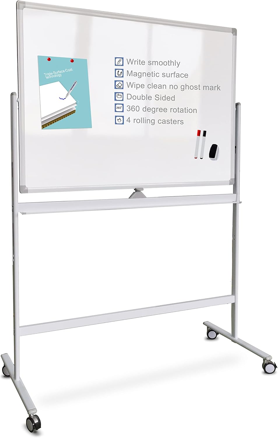 32 x 48 Inches Double Sided Height Adjustable Rolling White Board with Casters I599248