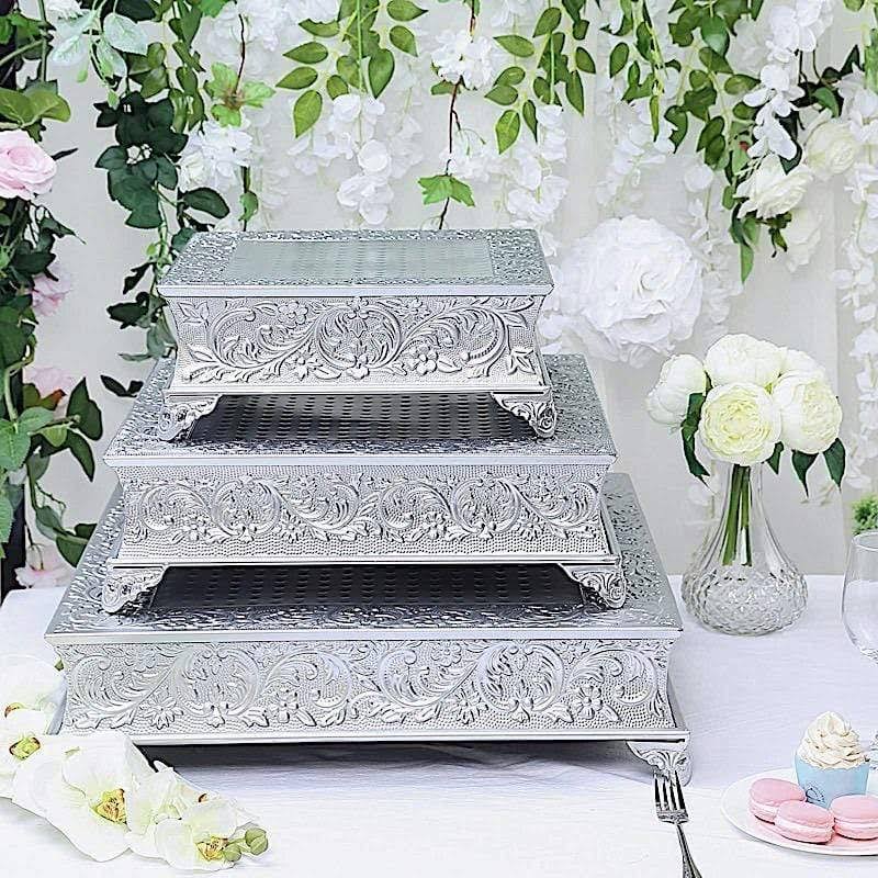 Silver Square Embossed Wedding Cake Stand Riser U595400