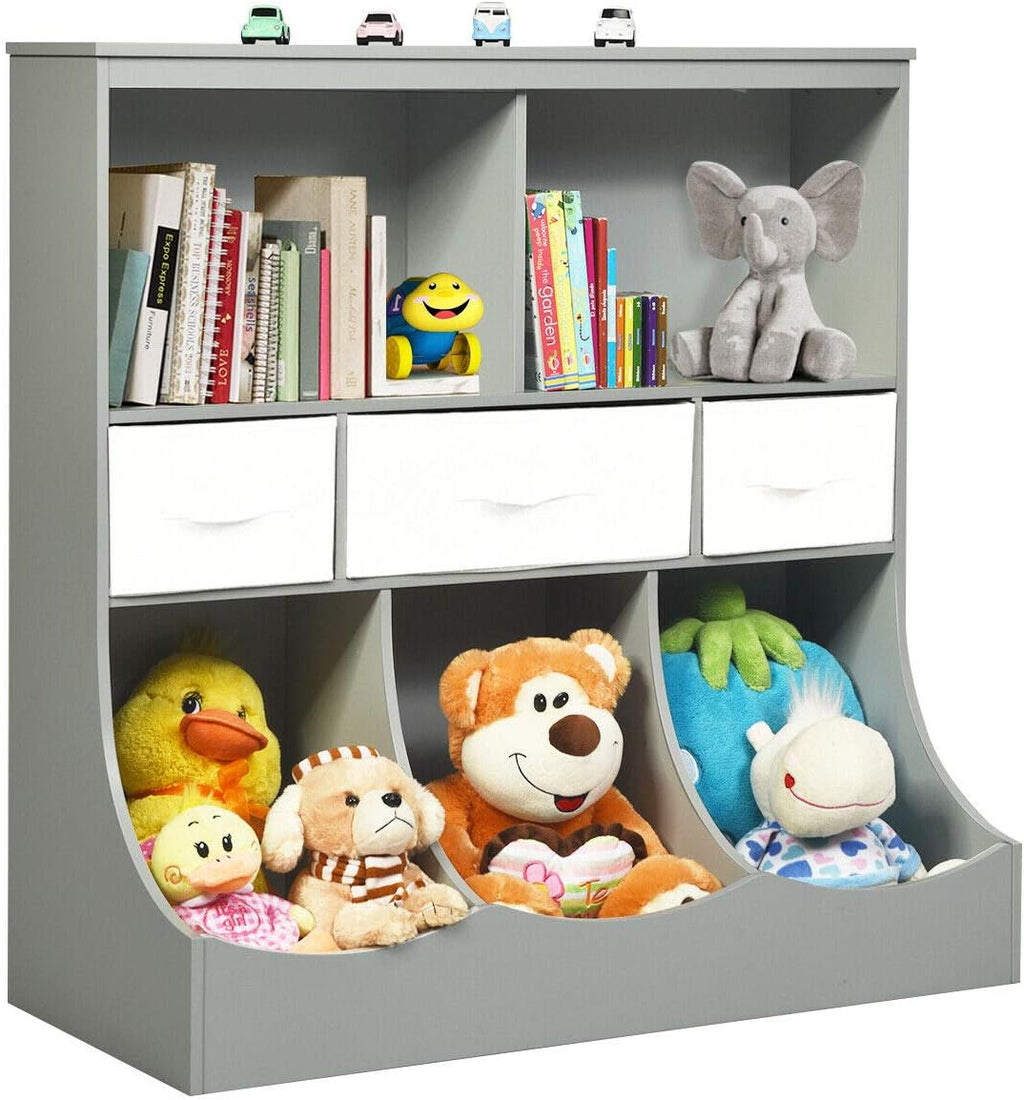 3-Tier Kids Bookcase Storage Organizer Cabinet Shelf with 8 Compartment Box and 3 Removable Drawers (White) G35315