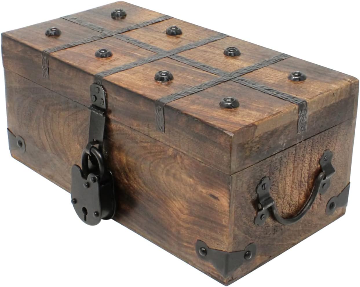 Treasure Chest Wooden Box with Antique Iron Lock and Skeleton Key G76183