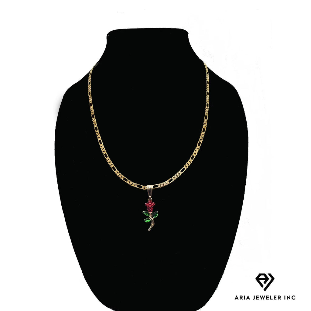 14k Bonded Gold Necklace with Red Rose Pendant, 14K Figaro Chain Necklace G607133