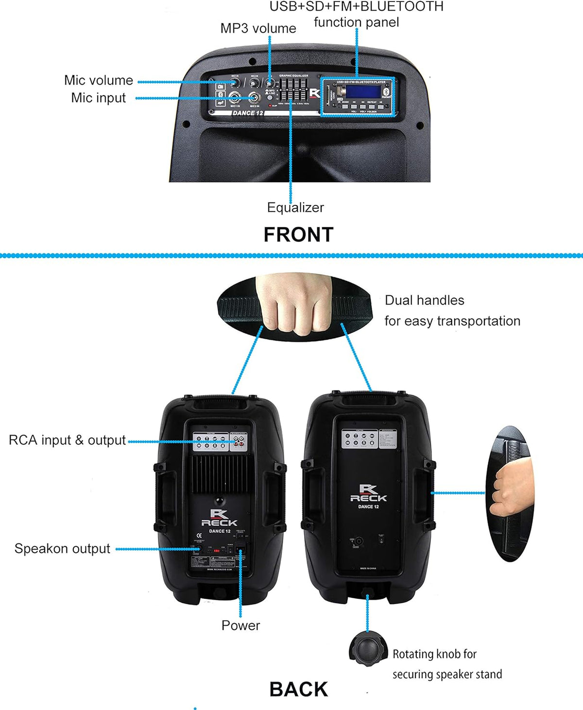 12-Inch 1000 Watts 2-Way Powered PA Speaker System with Bluetooth Y885