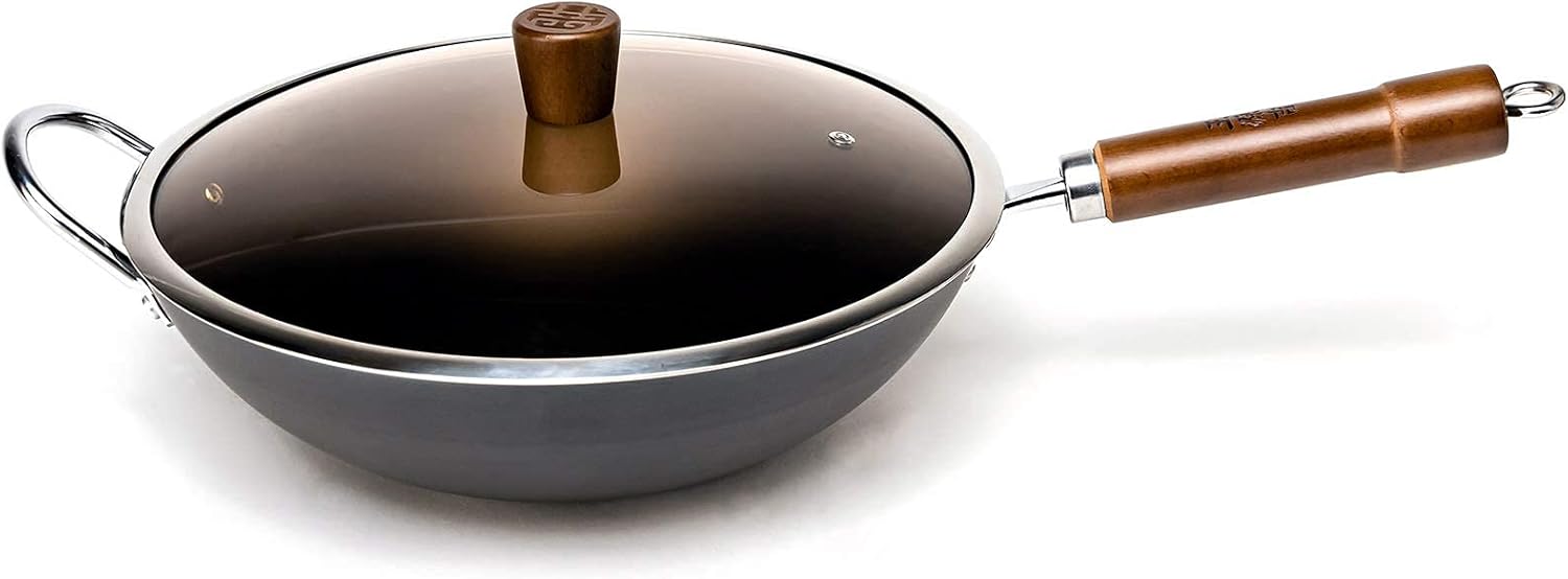 Carbon Steel Wok 12.59 Round Bottom Chinese Traditional Iron Pot with Detachable Wooden Handle Gift Pack of 2 Z461