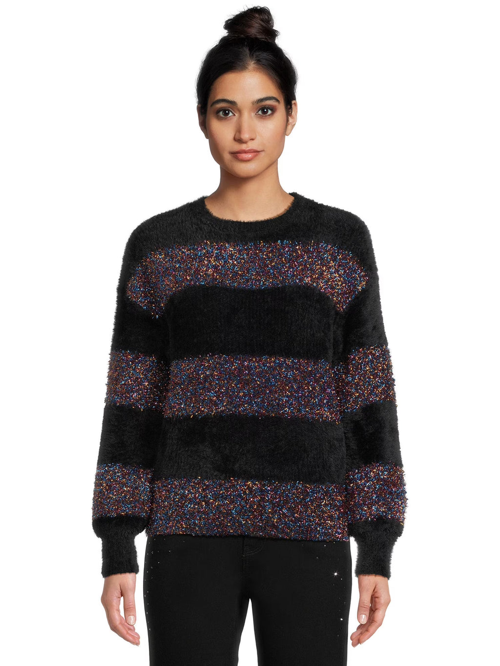 Metallic Stripe Pullover Sweater with Long Sleeves Y72347