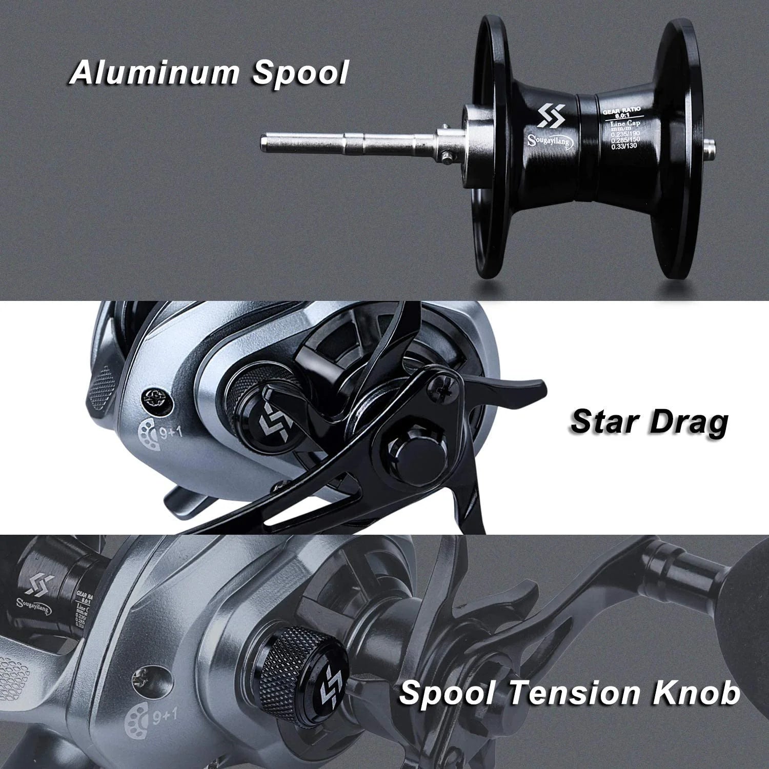 Baitcasting Fishing Reel with 9+1 Ball Bearings, Gear Ratio 8.0:1 S3303
