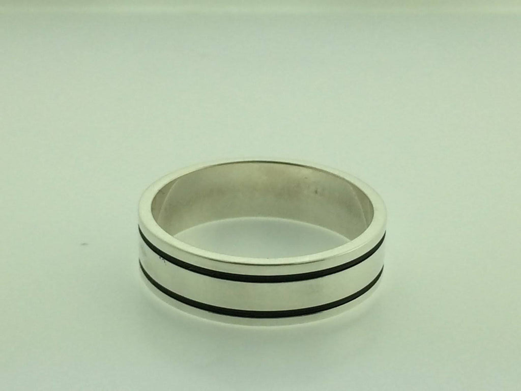 Polished Sterling Silver 6mm Double Black Groove Wedding Band 6.5 X3058