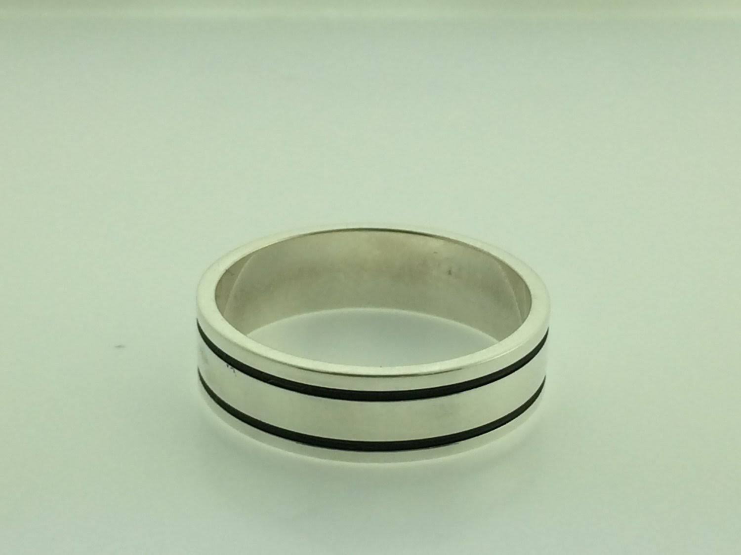 Polished Sterling Silver 6mm Double Black Groove Wedding Band 6.5 X3058