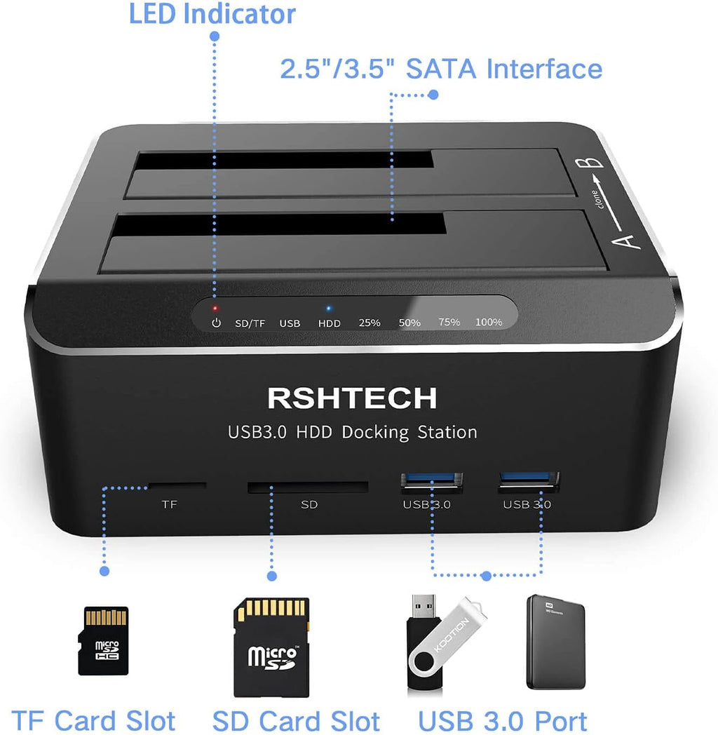USB 3.0 Aluminum Dual Bay Hard Drive Dock with SD TF Card Reader Q507