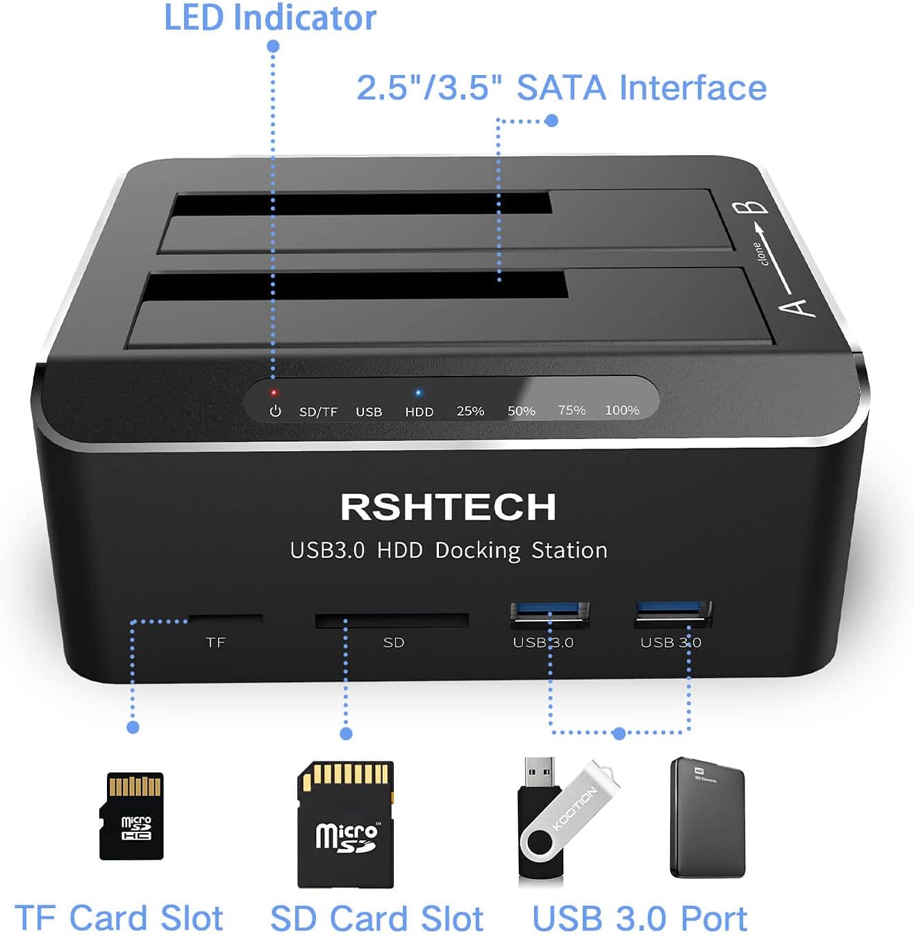 USB 3.0 Aluminum Dual Bay Hard Drive Dock with SD TF Card Reader Q507