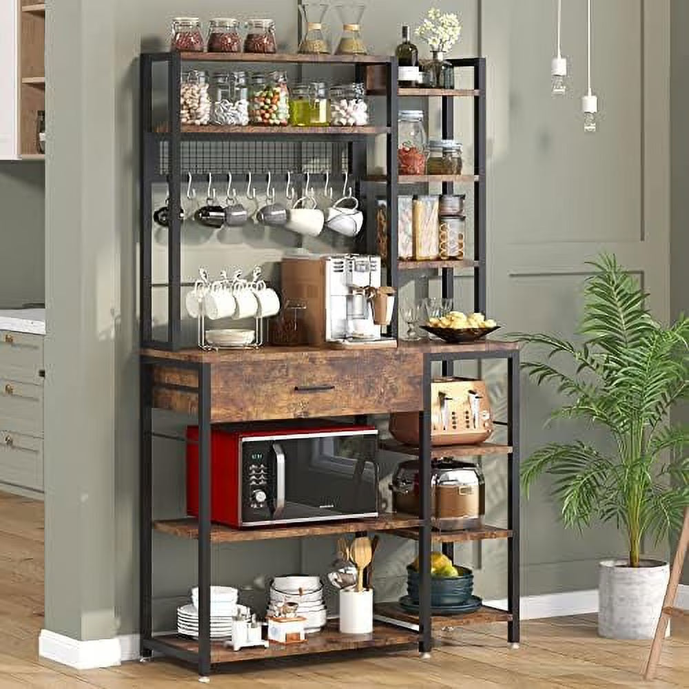 Baker's Rack with Drawer, 70.9 inch, 5-Tier+6-Tier Microwave Stand with 10 Hooks (Rustic Brown) L406579