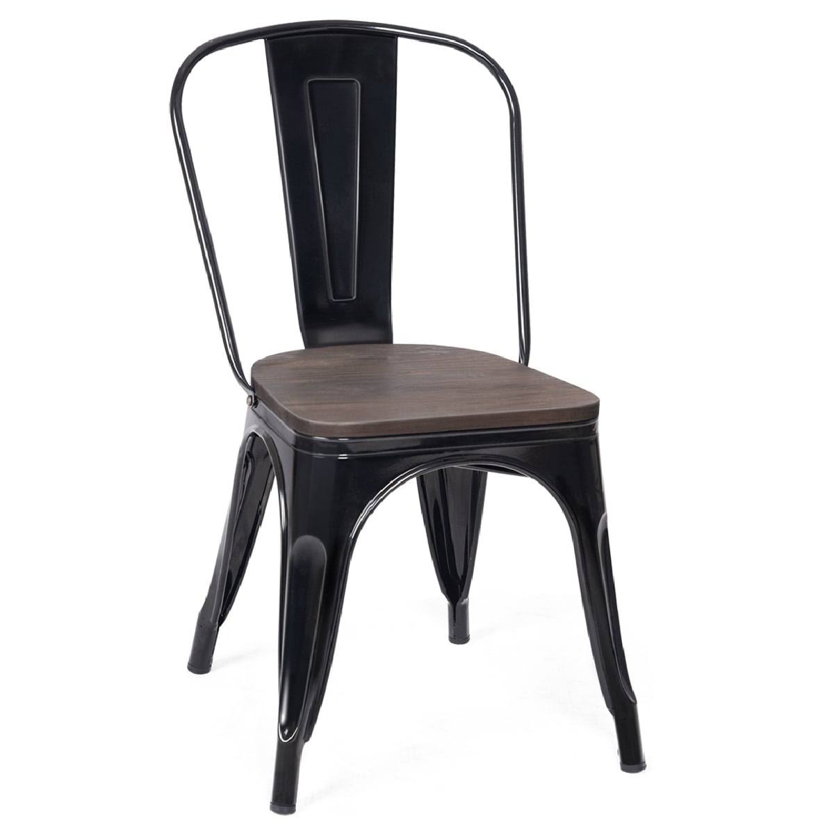 Black Metal Frame Wood Seat Stackable Bistro Dining Chair Set of 4 X747