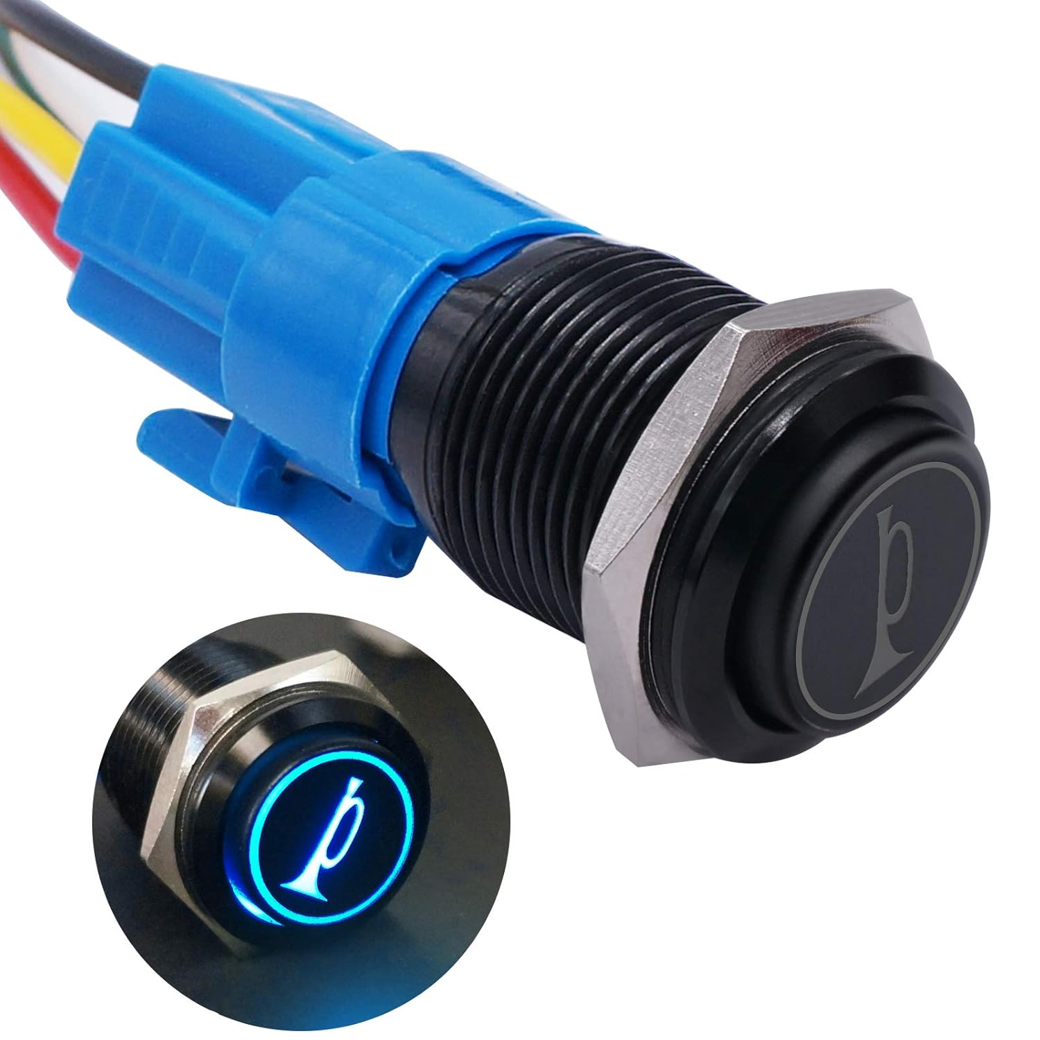 16MM 12V Car Horn Push Button Blue LED Lighted Momentary Metal Toggle Switch M99663