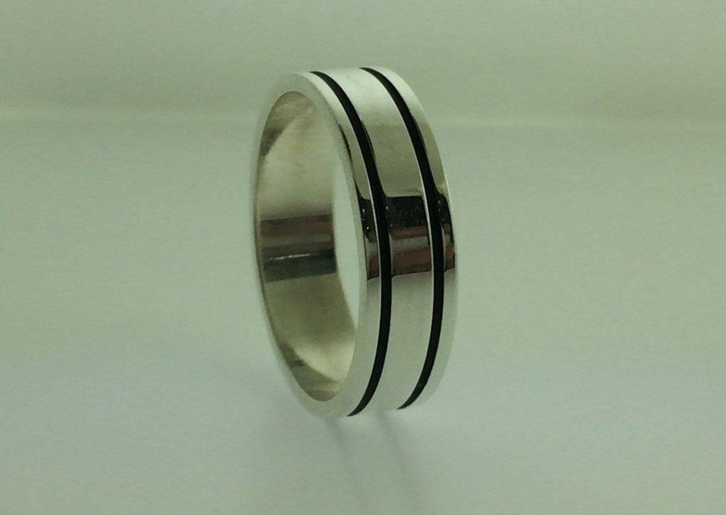 Polished Sterling Silver 6mm Double Black Groove Wedding Band 6.5 X3058