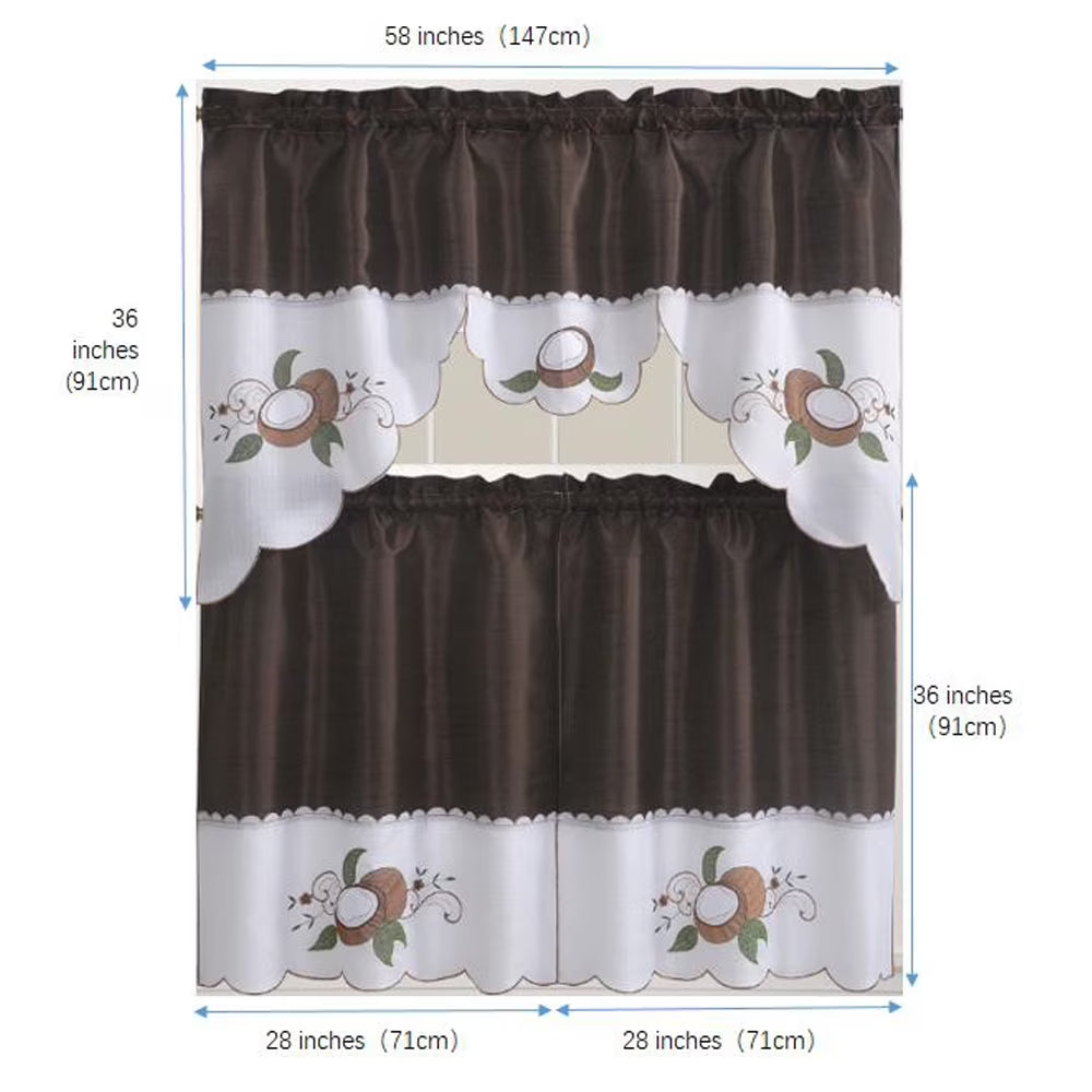 Coffee Embroidered 3-Piece Kitchen Curtain Tiers & Swag Set, 58x36 & 28x36 inches X750