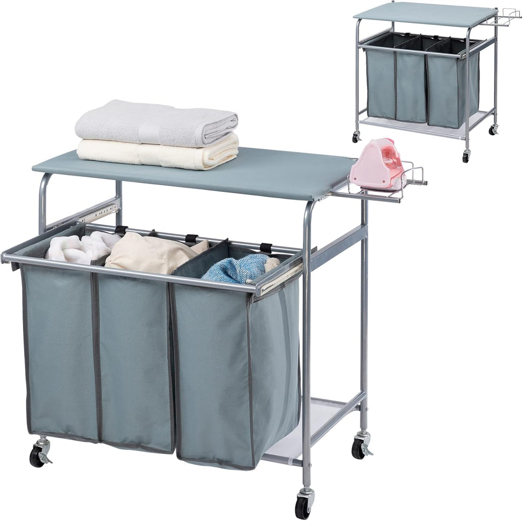 Laundry Sorter Cart with Ironing Board Rack, 3 Bags, 4 Wheels, Black E81794