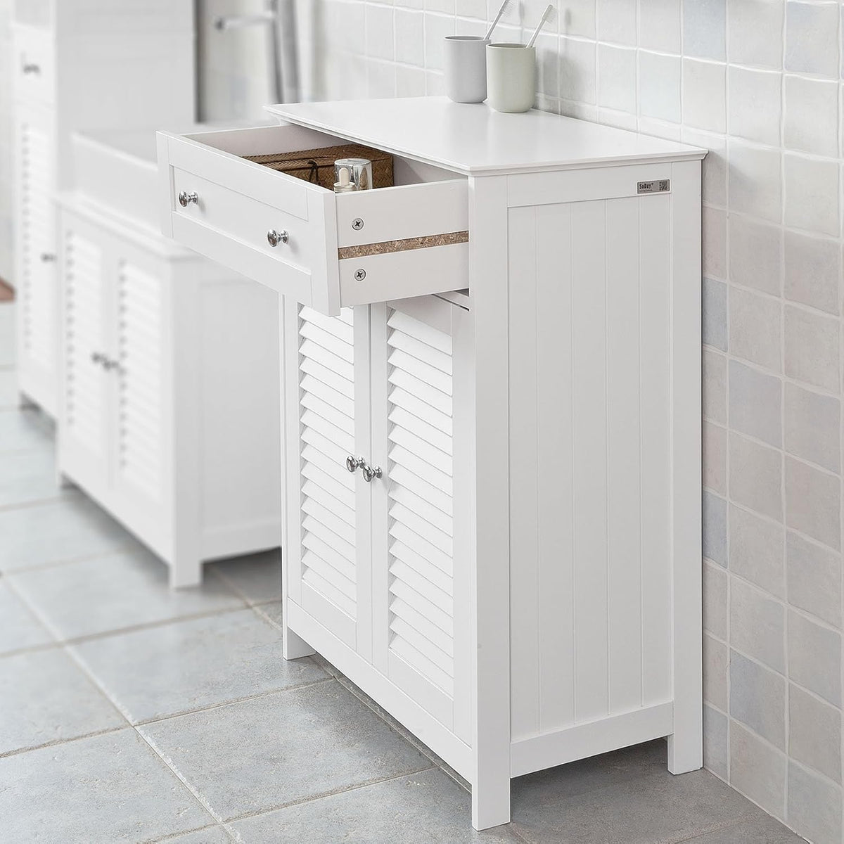 White Bathroom Storage Cabinet with Drawer and Adjustable Shelf M90491