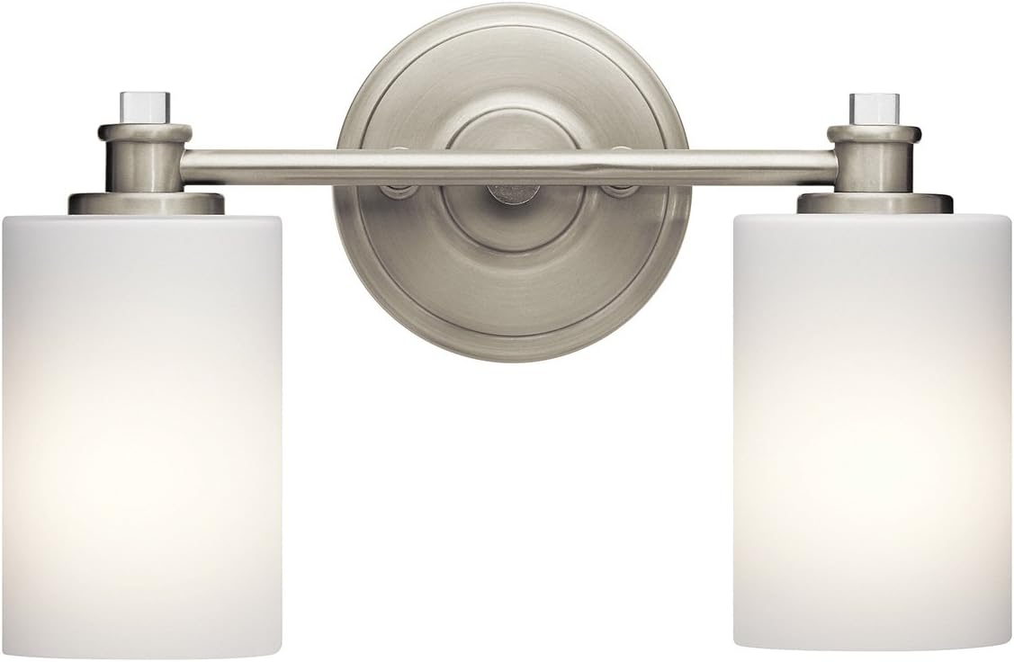 Brushed Nickel 2 Light Vanity Light with Satin Etched Cased Opal and Clear Glass Accent M149