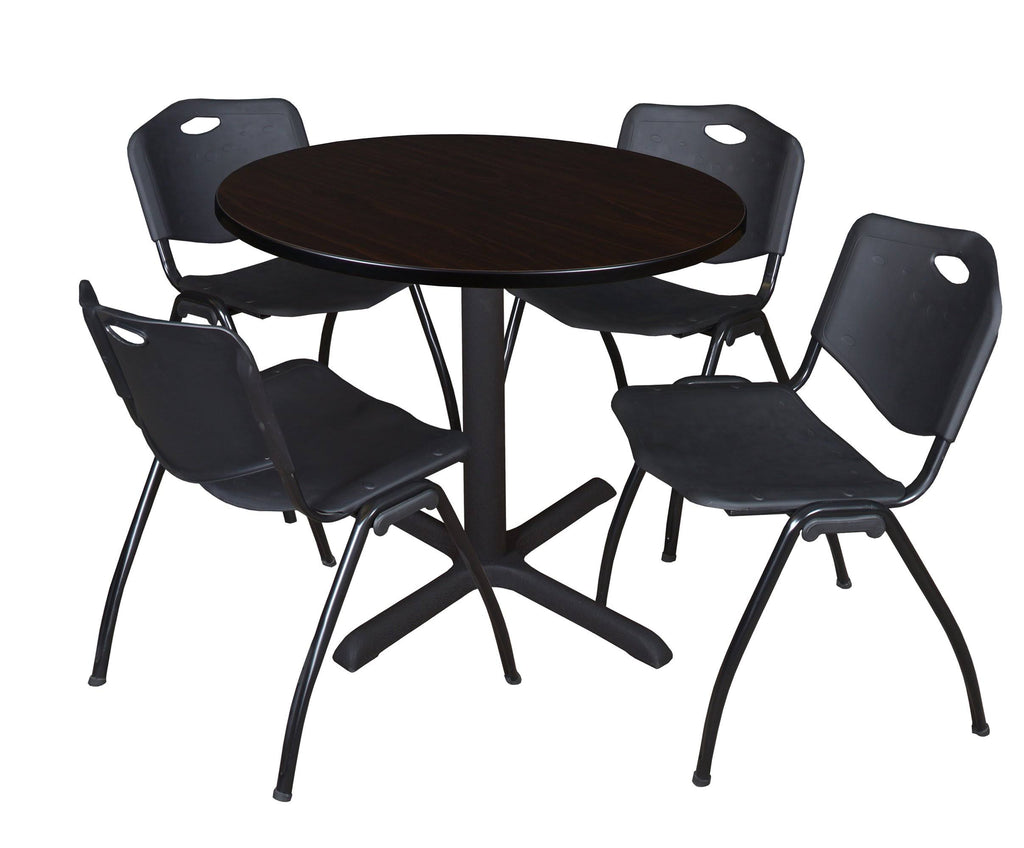 Mocha Walnut Round Breakroom Table and 4 Black Stack Chairs B463381