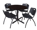 Mocha Walnut Round Breakroom Table and 4 Black Stack Chairs B463381