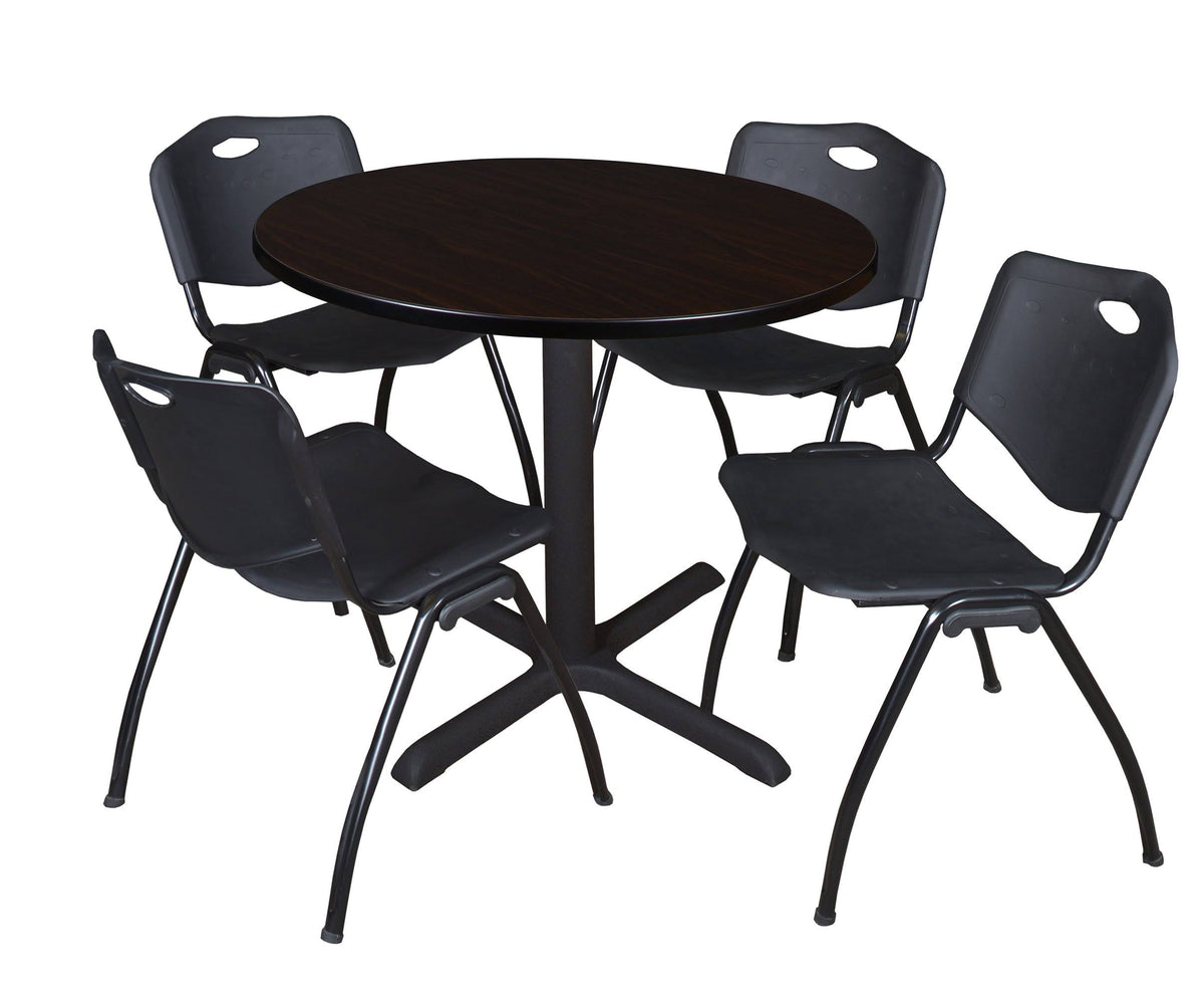 Mocha Walnut Round Breakroom Table and 4 Black Stack Chairs B463381