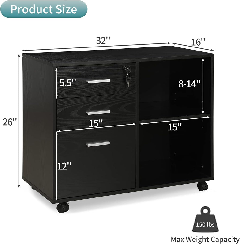 Black 3-Drawer Wood File Cabinet with Lock F3787
