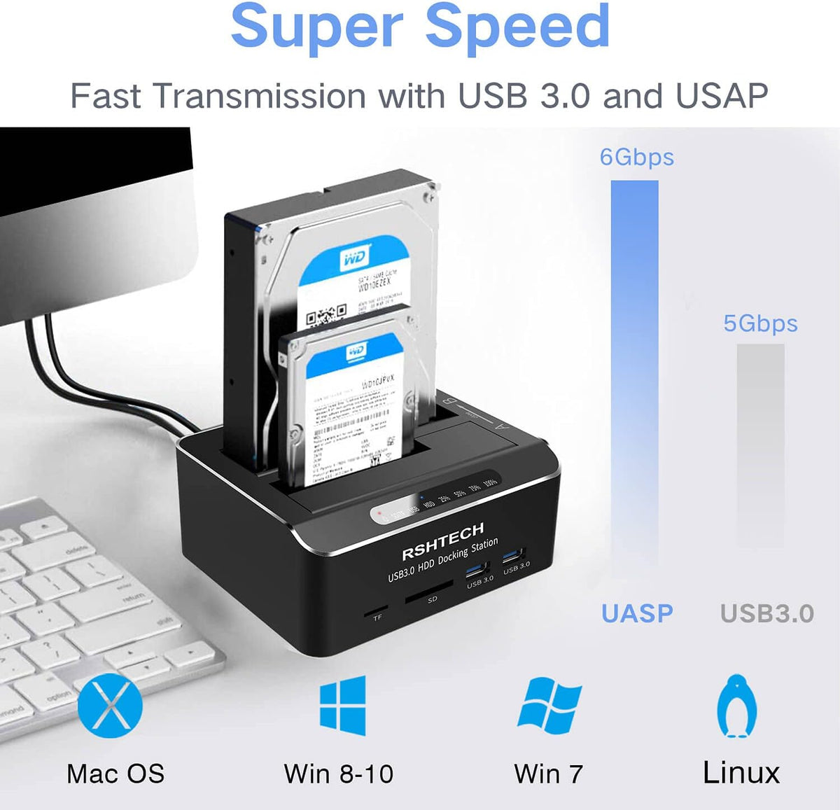 USB 3.0 Aluminum Dual Bay Hard Drive Dock with SD TF Card Reader Q507