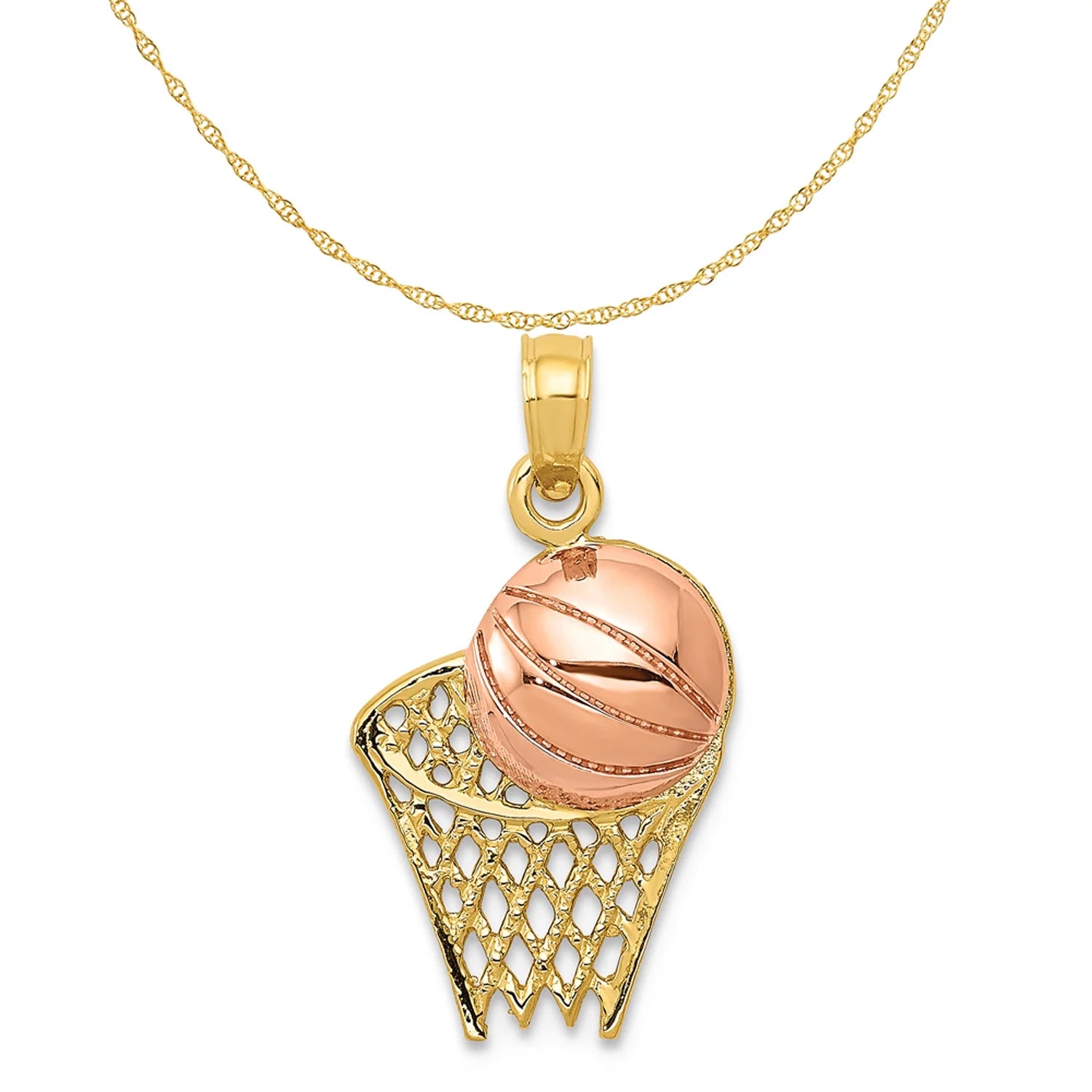 14K Two-Tone Gold Basketball Hoop Pendant with 10K Yellow Gold Rope Chain 16" G8256