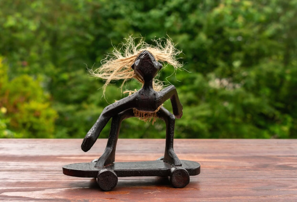 Handmade Wooden Skateboarding Statue Sculpture Tiki Bar Figurine K38213