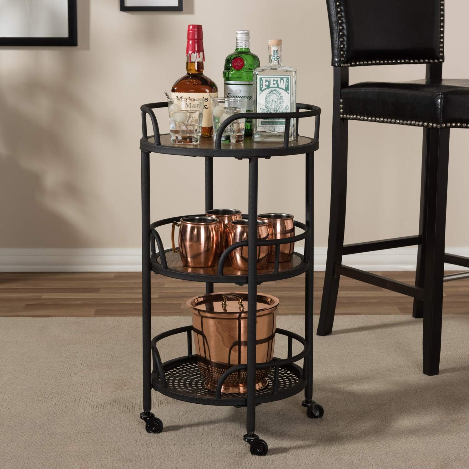 Rustic Industrial Metal and Wood Mobile Serving Cart J734