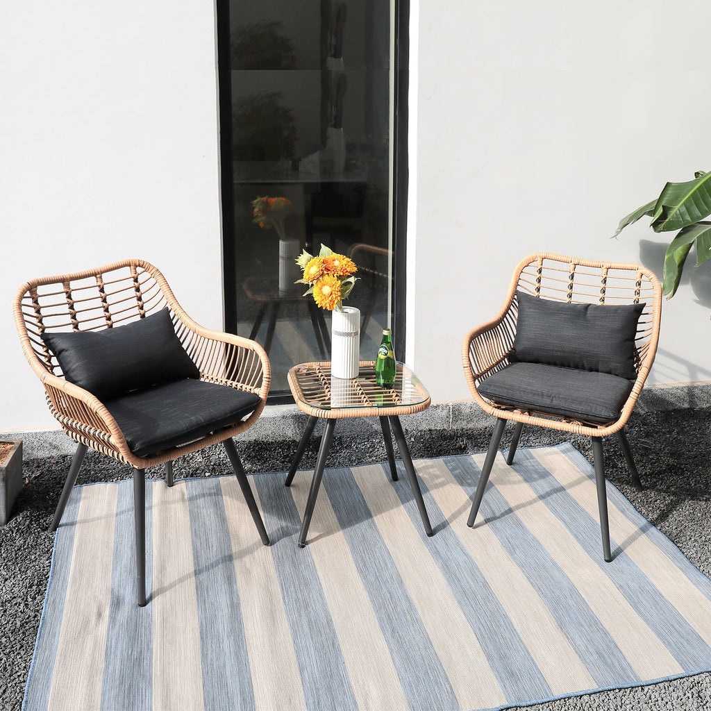 3-Piece Patio Set with Square Glass Top Coffee Table, Cushions and Lumbar Pillows J219