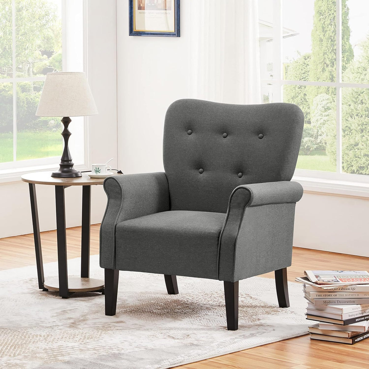 Dark Gray Upholstered Fabric Armchair with Wood Legs V73736