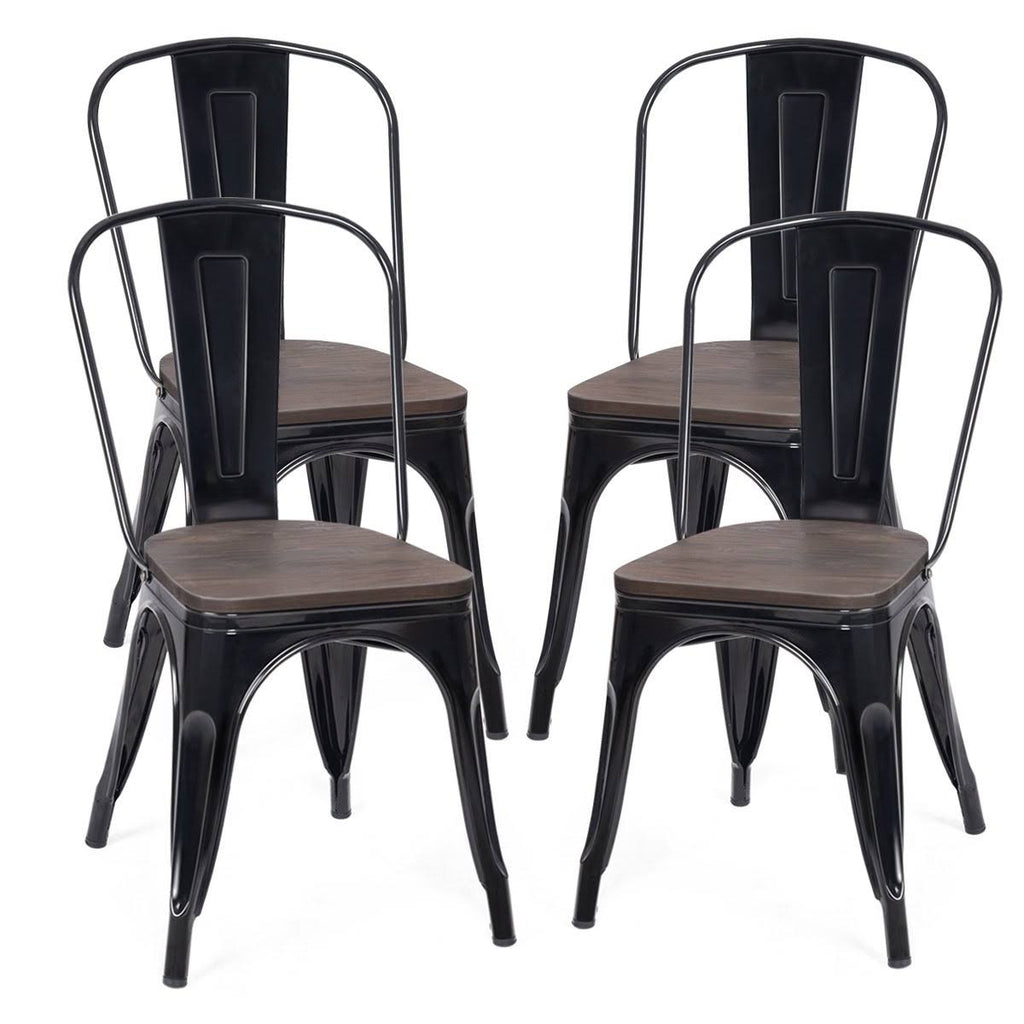 Black Metal Frame Wood Seat Stackable Bistro Dining Chair Set of 4 X747