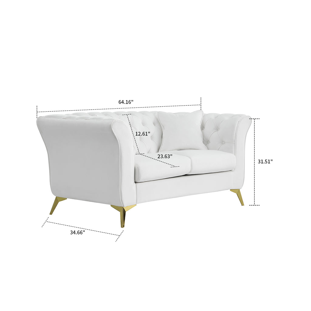 White Velvet Upholstered Loveseat Sofa with Button Tufted Design and Metal Legs B910