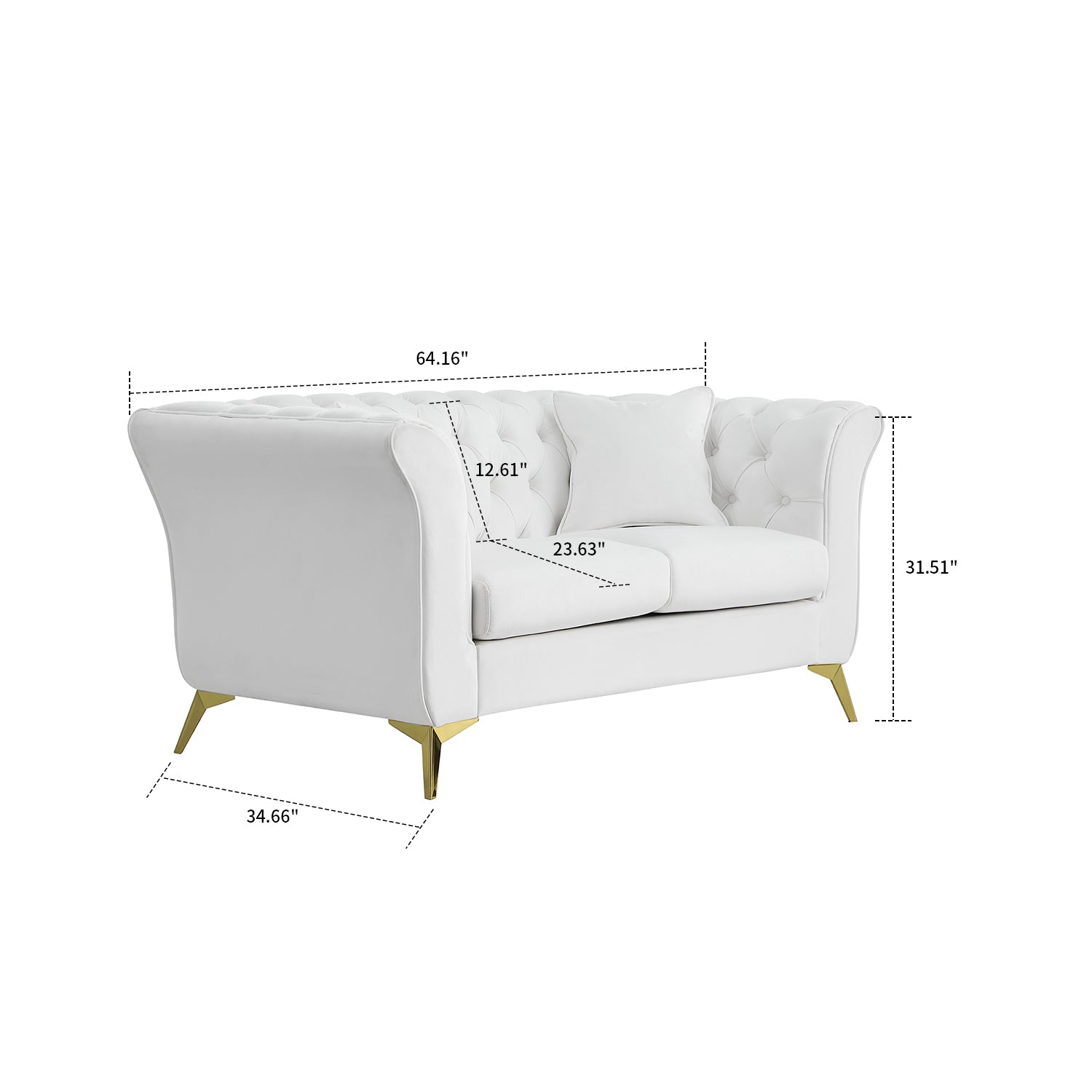White Velvet Upholstered Loveseat Sofa with Button Tufted Design and Metal Legs B910