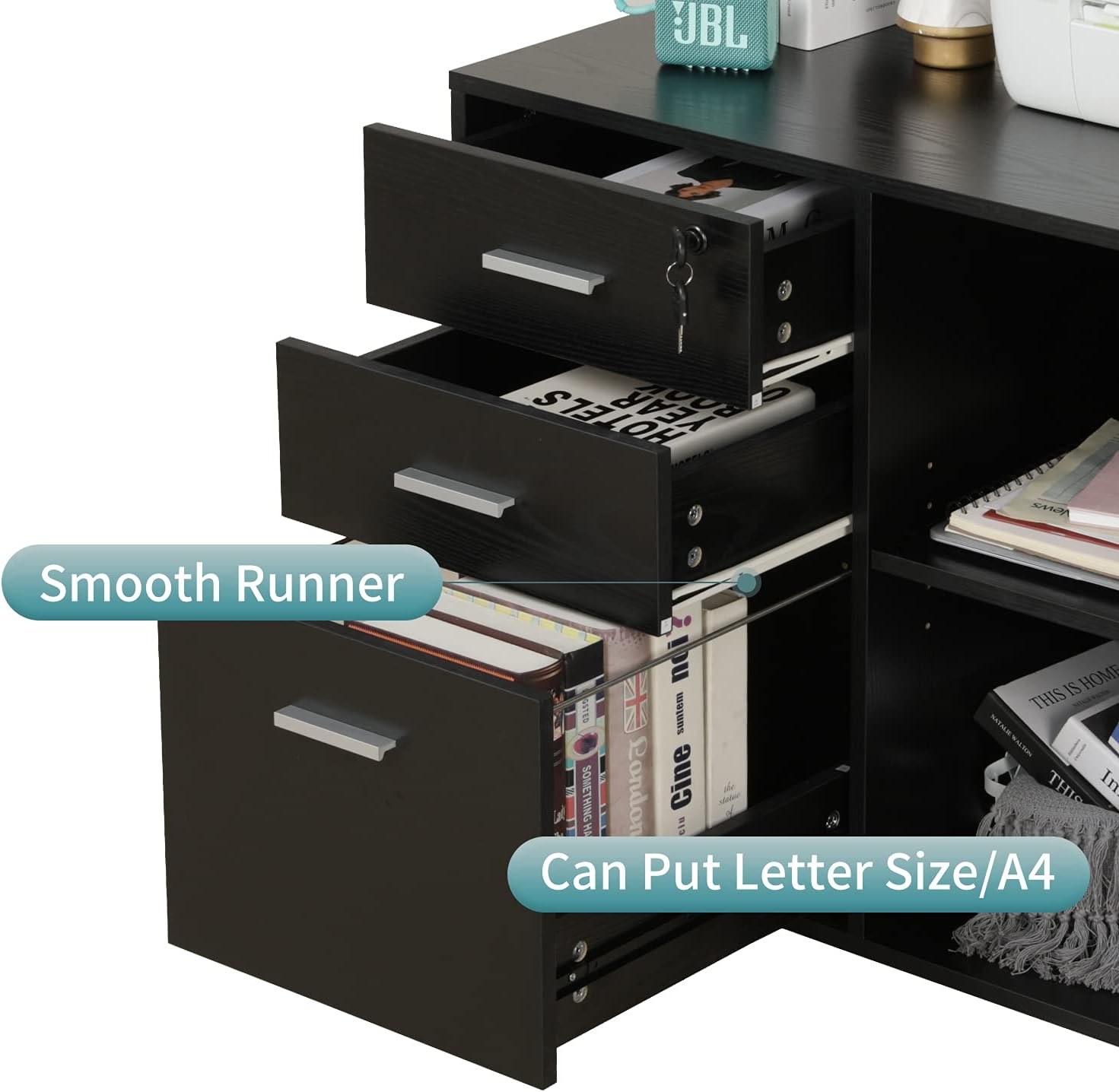 Black 3-Drawer Wood File Cabinet with Lock F3787