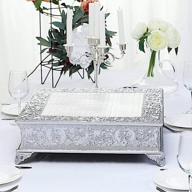 Silver Square Embossed Wedding Cake Stand Riser U595400