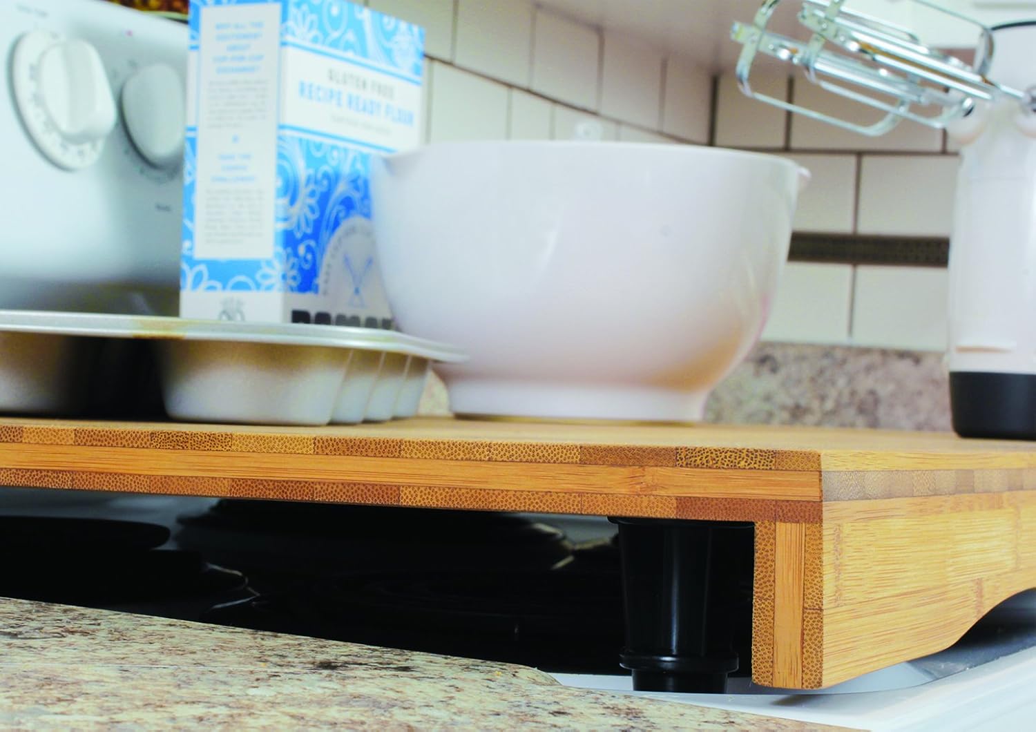 Bamboo Stove Top Work Surface with Adjustable Legs & Built In Juice Groove, 4 Burner, Brown E7432