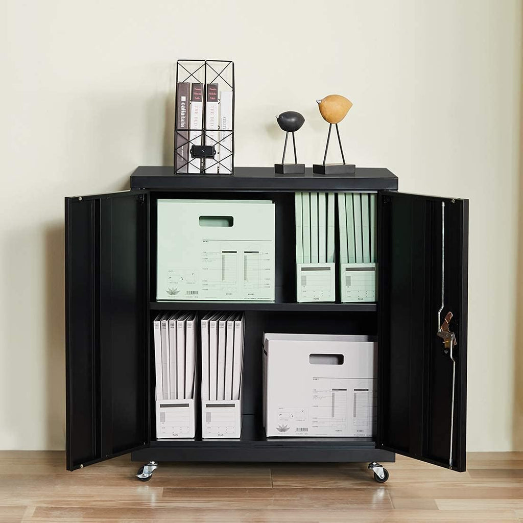 Metal Storage Cabinet with Locking Doors and Wheels, Black U123294