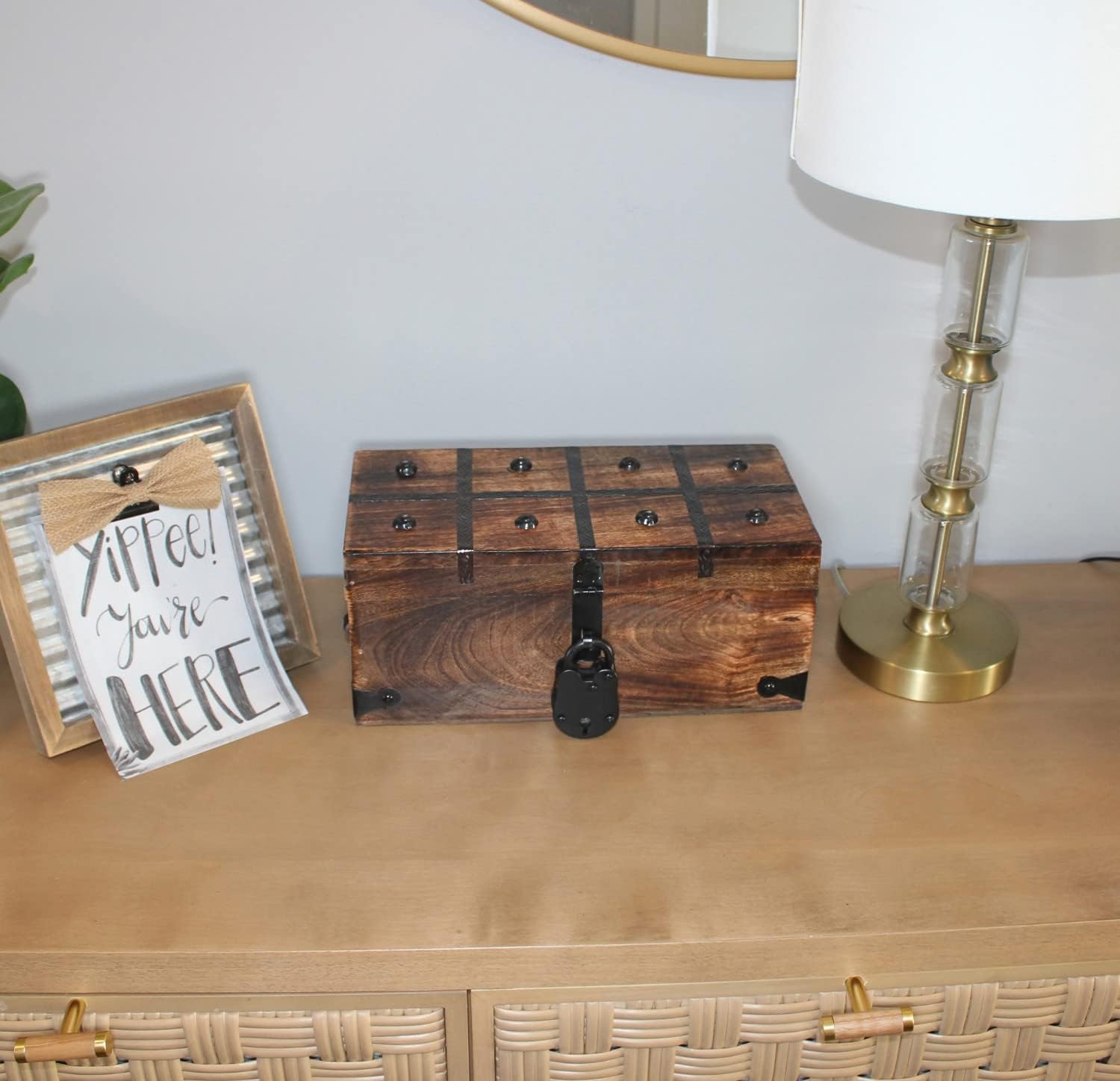 Treasure Chest Wooden Box with Antique Iron Lock and Skeleton Key G76183