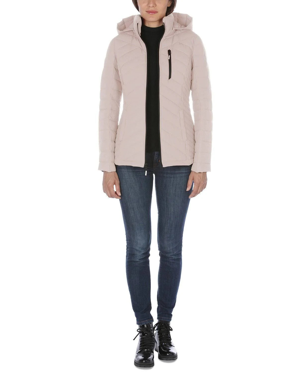 Rose Smoke Pink Hooded Polyester Puffer Coat E994515
