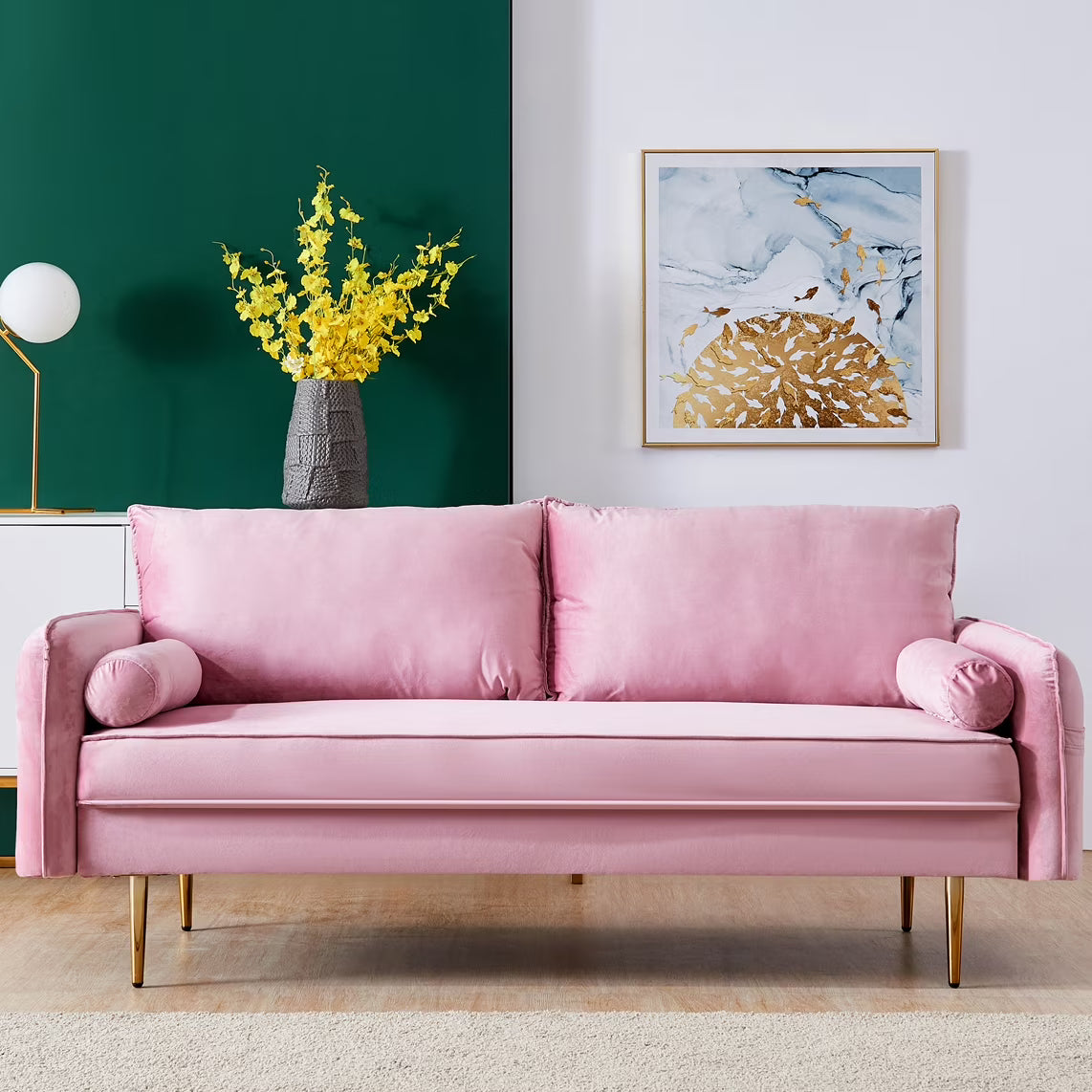 Pink Velvet Sofa with Bolster Pillow G6725