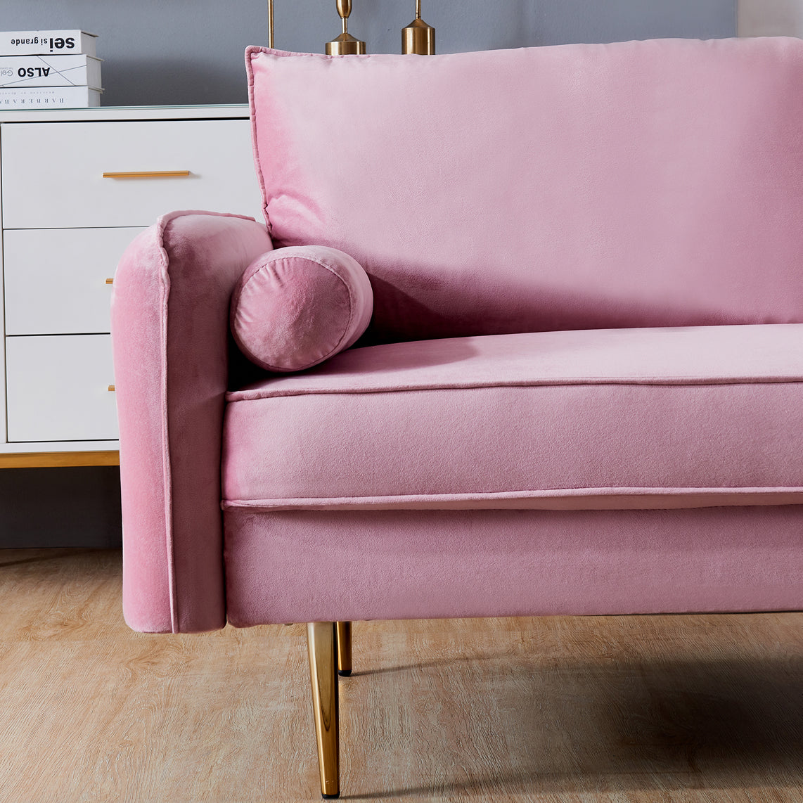 Pink Velvet Sofa with Bolster Pillow G6725