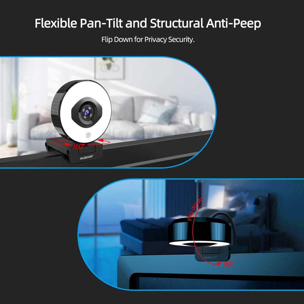 FHD 1080p 60fps Webcam with Ring Light, 75° FOV, Dual Microphones, External Tripod C623