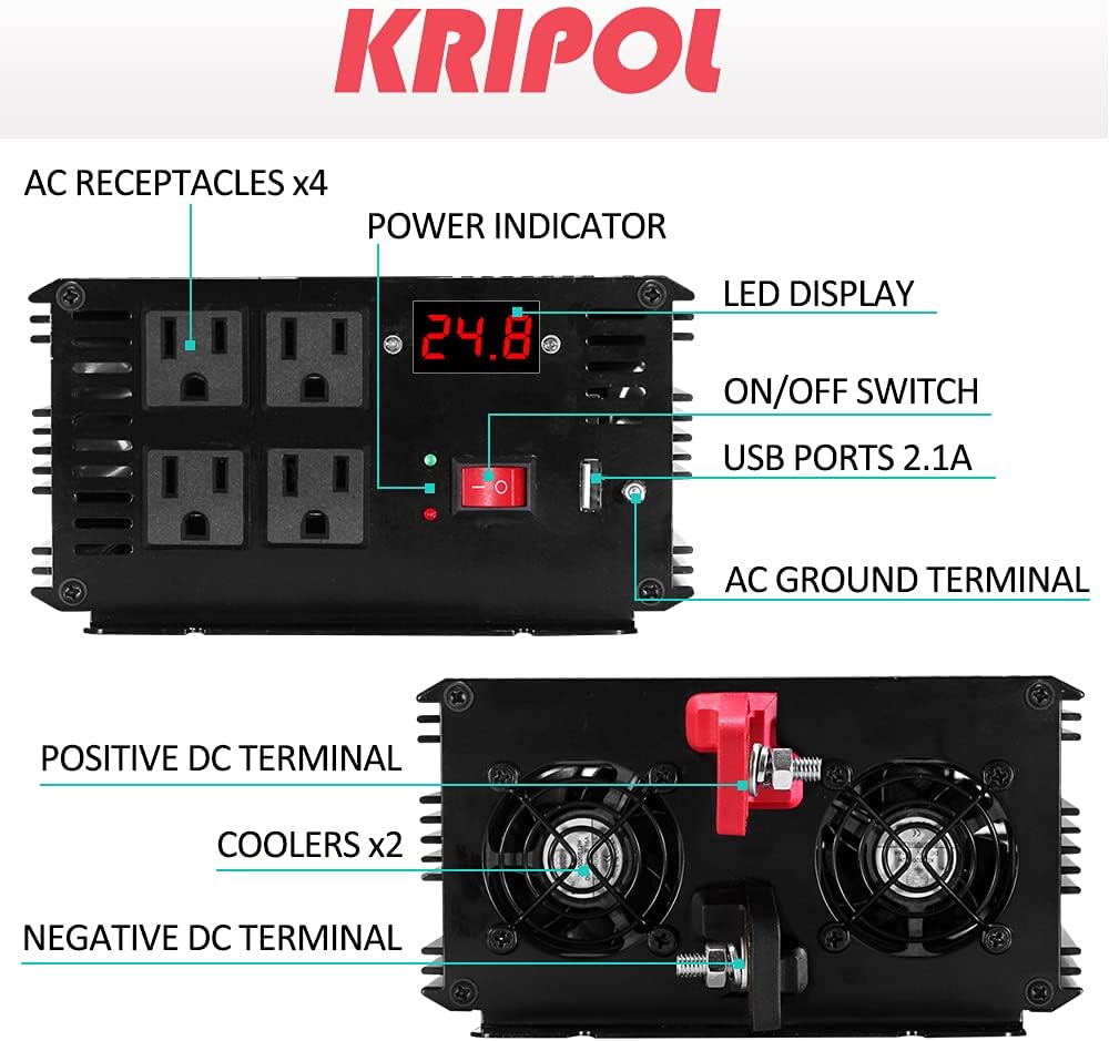 1500 Watt Pure Sine Wave Power Inverter 24v DC to 110/120v AC 60HZ with 4 AC and 1 USB Output C605
